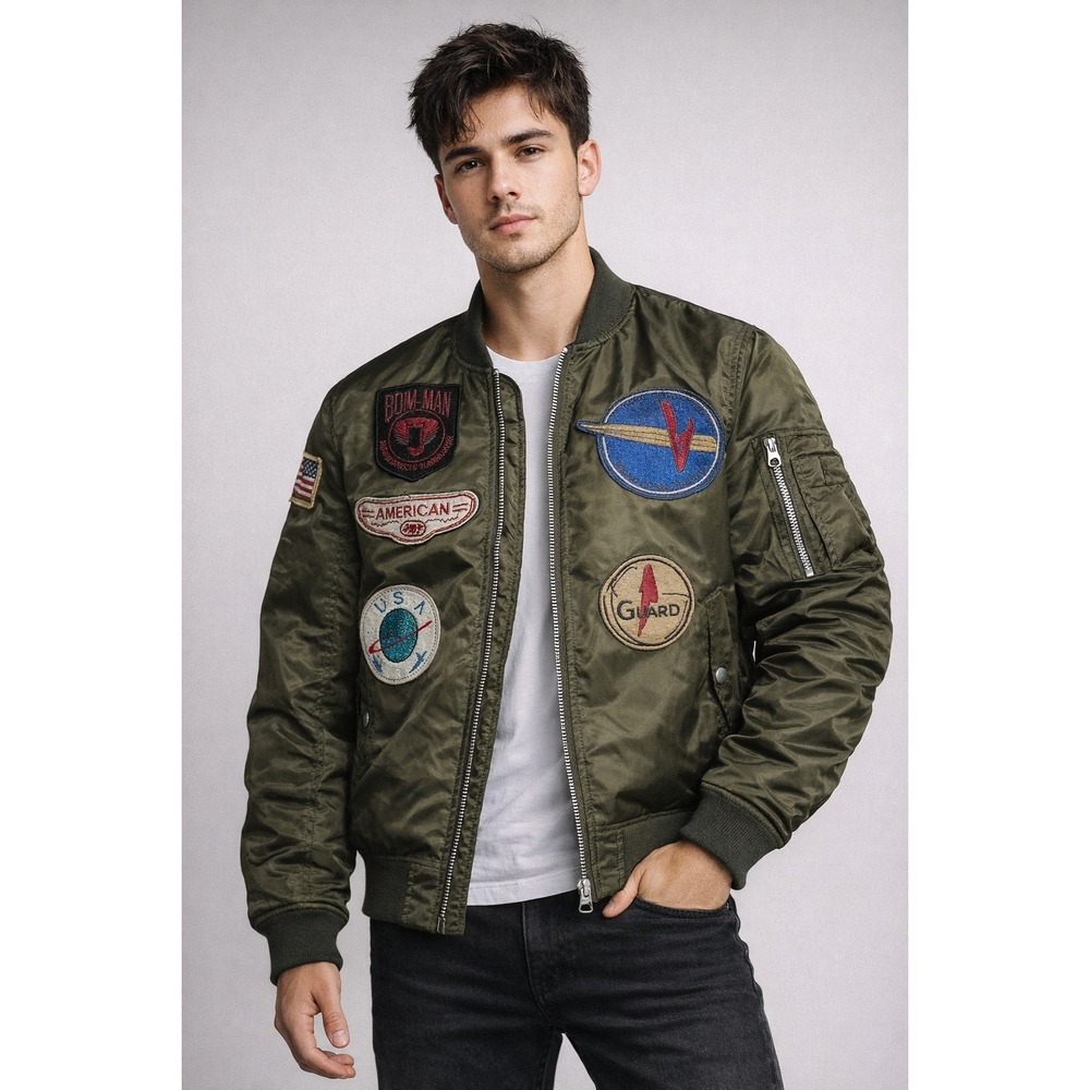 American‎ Stitch Bomber Jacket Mens Medium Green Patch Jimi Hendrix Streetwear